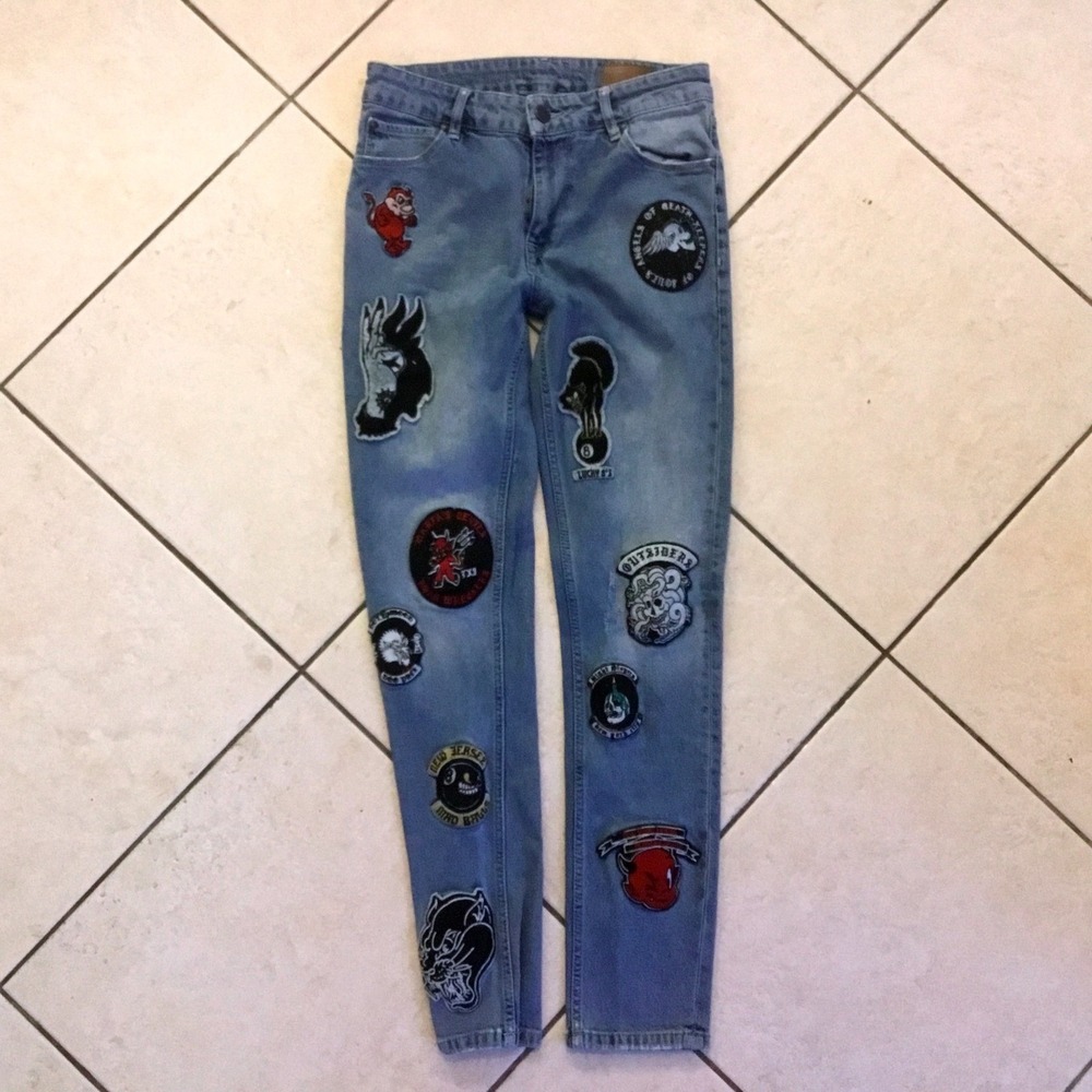 ASOS Mens Light Wash Slim Fit Patchwork Jeans Blue Punk Biker Graphic Patches 29